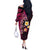 Hawaiian Turtles and Plumeria Off The Shoulder Long Sleeve Dress Polynesian Art Tribal Tattoo Cerise