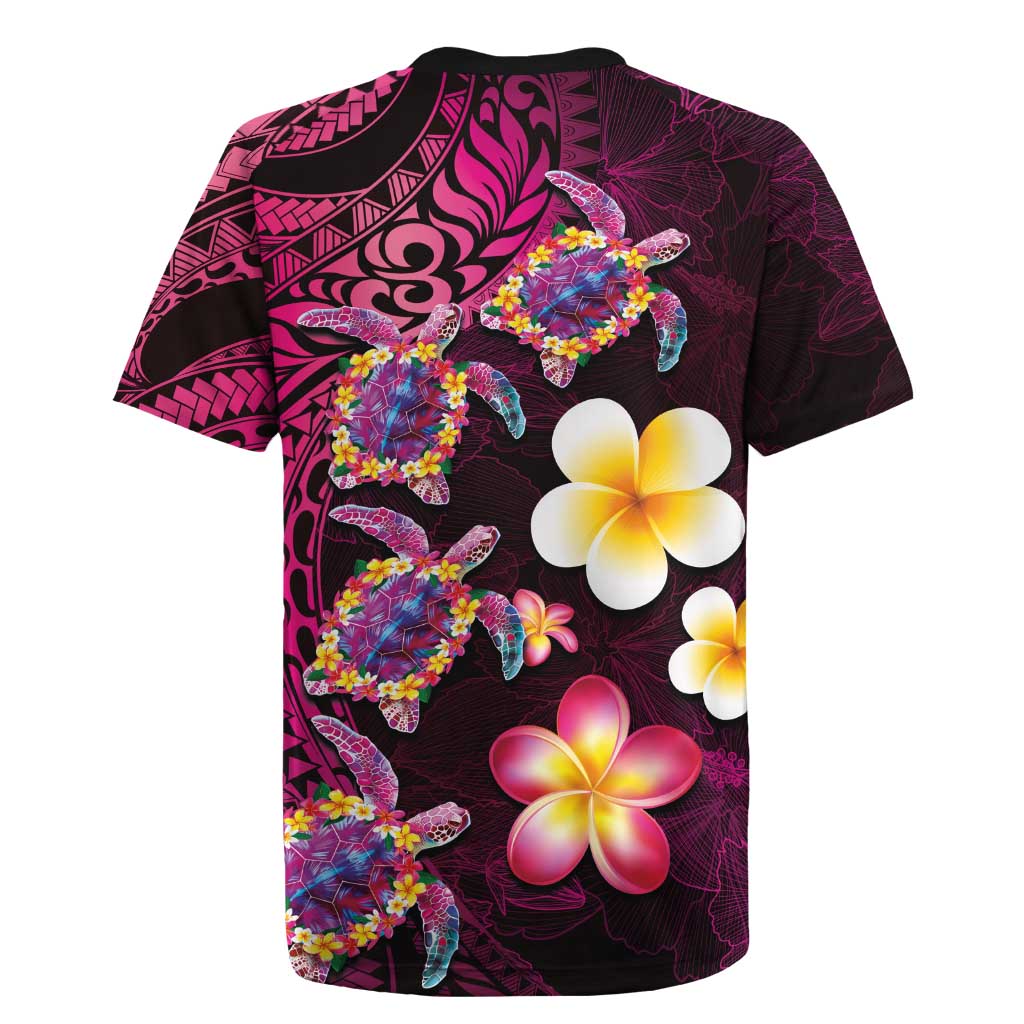 Hawaiian Turtles and Plumeria Rugby Jersey Polynesian Art Tribal Tattoo Cerise