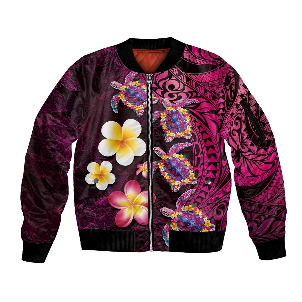 Hawaiian Turtles and Plumeria Sleeve Zip Bomber Jacket Polynesian Art Tribal Tattoo Cerise LT03 Unisex Pink - Polynesian Pride