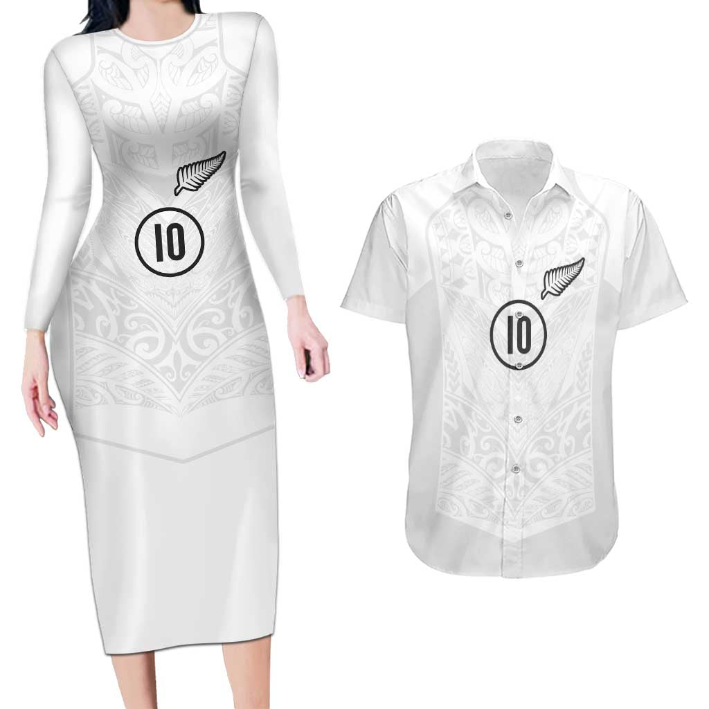 Custom New Zealand Football Couples Matching Long Sleeve Bodycon Dress and Hawaiian Shirt The Whites-Sporty T90 Style - Polynesian Pride