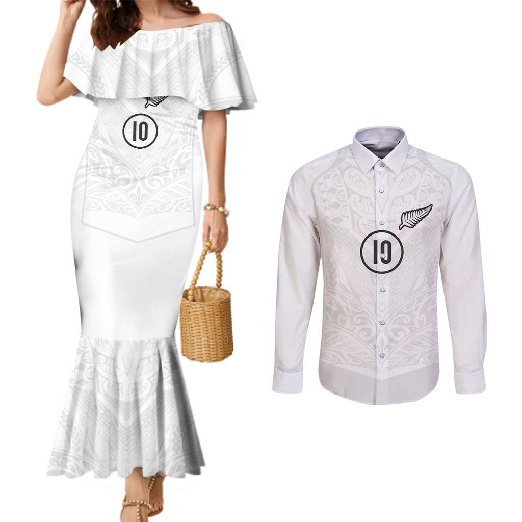 Custom New Zealand Football Couples Matching Mermaid Dress and Long Sleeve Button Shirt The Whites-Sporty T90 Style - Polynesian Pride