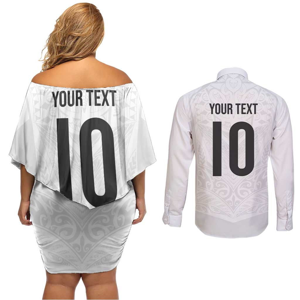 Custom New Zealand Football Couples Matching Off Shoulder Short Dress and Long Sleeve Button Shirt The Whites-Sporty T90 Style - Polynesian Pride