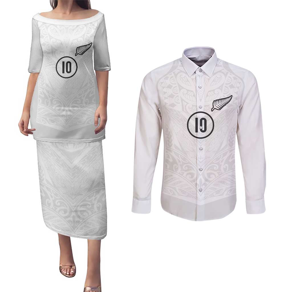 Custom New Zealand Football Couples Matching Puletasi and Long Sleeve Button Shirt The Whites-Sporty T90 Style - Polynesian Pride