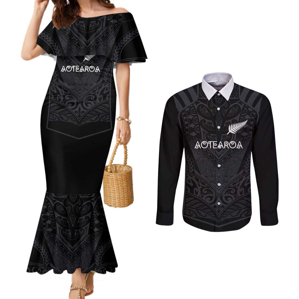Custom Aotearoa Rugby Couples Matching Mermaid Dress and Long Sleeve Button Shirt The Blacks-Sporty T90 Style - Polynesian Pride