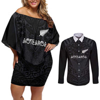 Custom Aotearoa Rugby Couples Matching Off Shoulder Short Dress and Long Sleeve Button Shirt The Blacks-Sporty T90 Style - Polynesian Pride