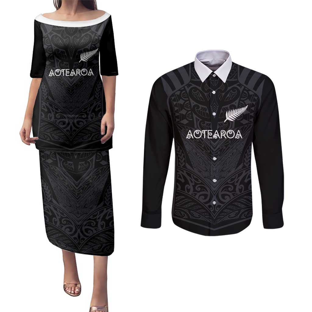 Custom Aotearoa Rugby Couples Matching Puletasi and Long Sleeve Button Shirt The Blacks-Sporty T90 Style LT03 Black - Polynesian Pride