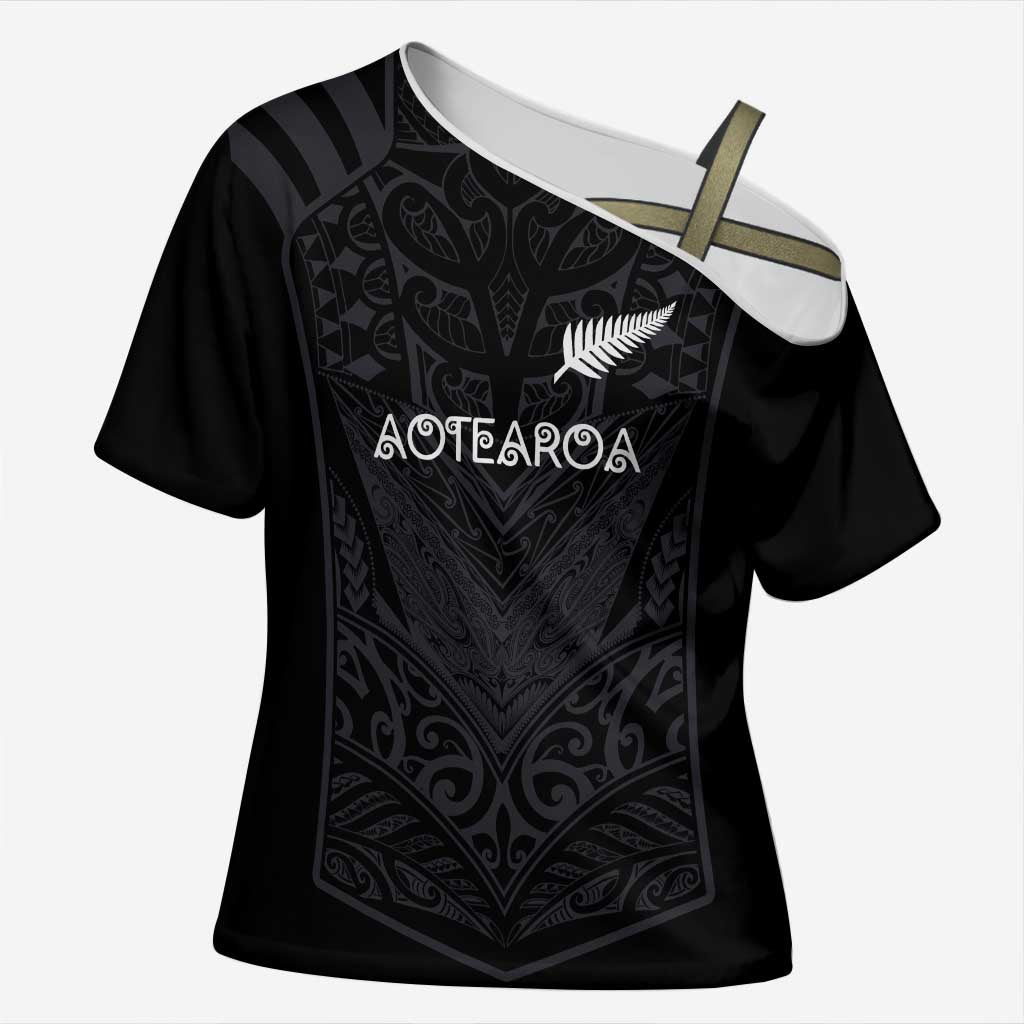 Custom Aotearoa Rugby Cross Shoulder Shirt The Blacks-Sporty T90 Style LT03 Female Black - Polynesian Pride