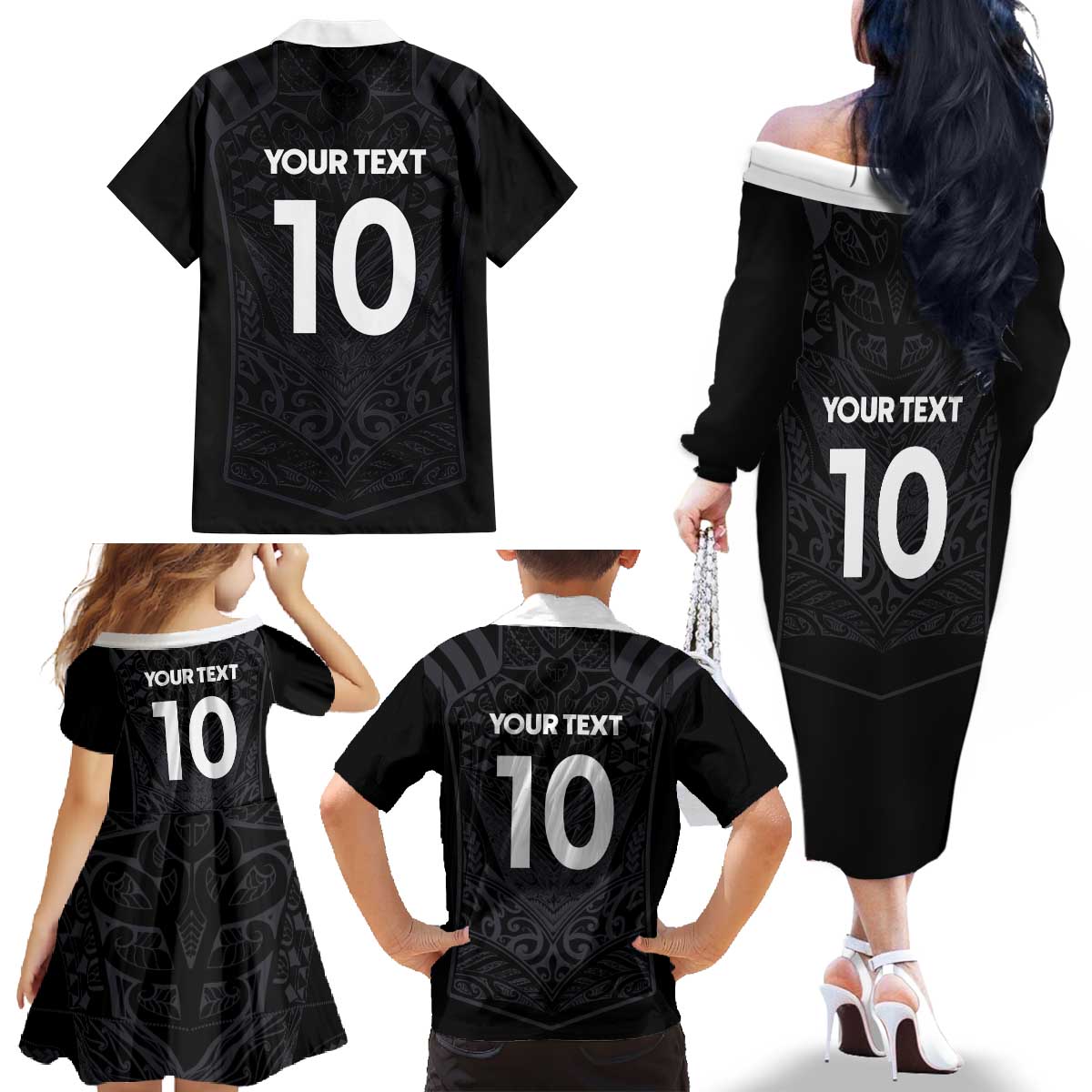 Custom Aotearoa Rugby Family Matching Off The Shoulder Long Sleeve Dress and Hawaiian Shirt The Blacks-Sporty T90 Style - Polynesian Pride