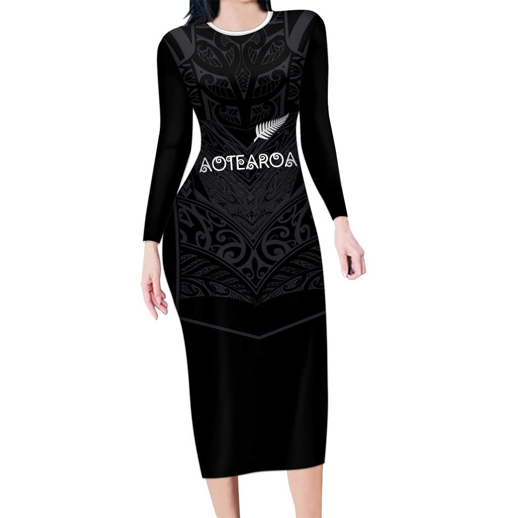 Custom Aotearoa Rugby Long Sleeve Bodycon Dress The Blacks-Sporty T90 Style LT03 Long Dress Black - Polynesian Pride