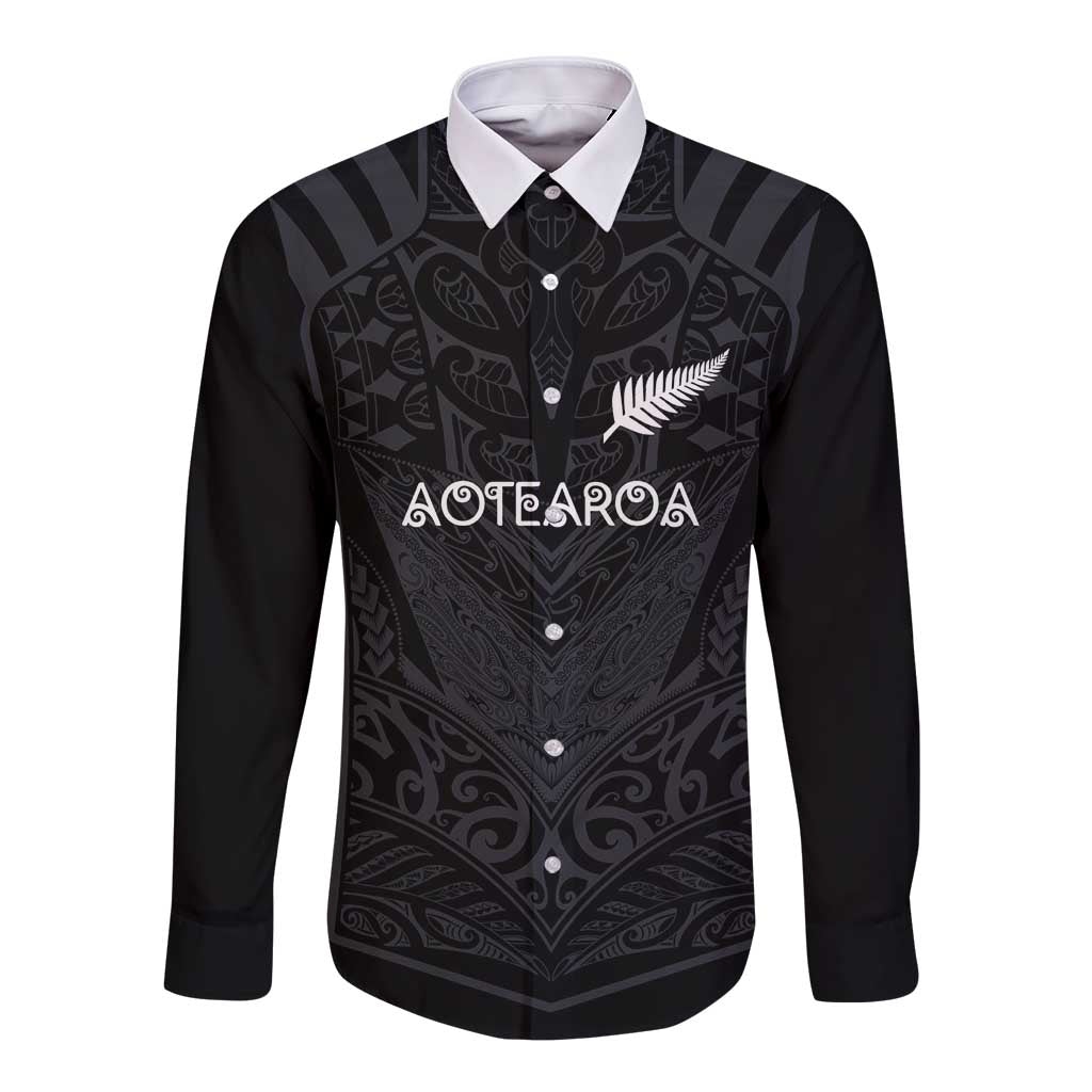 Custom Aotearoa Rugby Long Sleeve Button Shirt The Blacks-Sporty T90 Style LT03 Unisex Black - Polynesian Pride