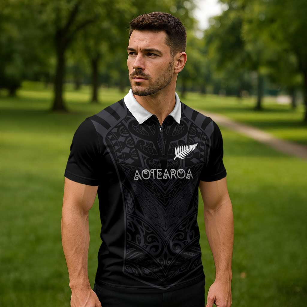 Custom Aotearoa Rugby Zipper Polo Shirt The Blacks-Sporty T90 Style - Polynesian Pride