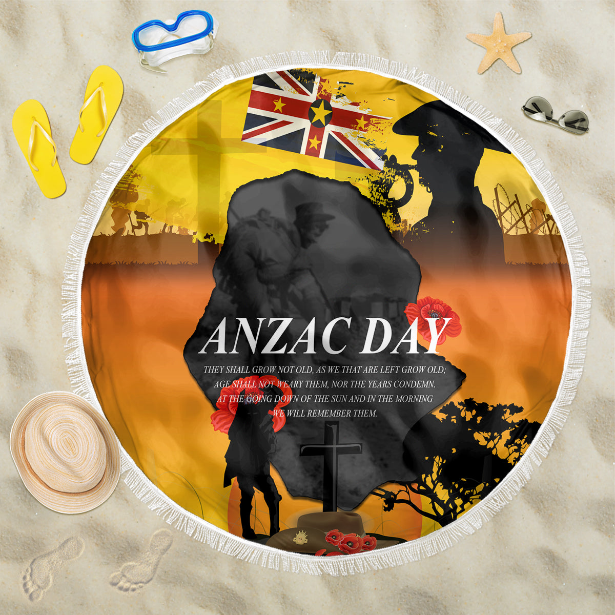 Niue ANZAC Day Beach Blanket Soldier and Gallipoli Lest We Forget LT03 One Size 150cm Yellow - Polynesian Pride