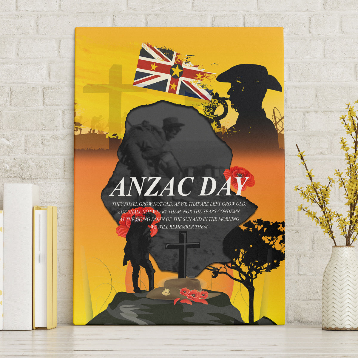 Niue ANZAC Day Canvas Wall Art Soldier and Gallipoli Lest We Forget LT03 Without Frame Yellow - Polynesian Pride