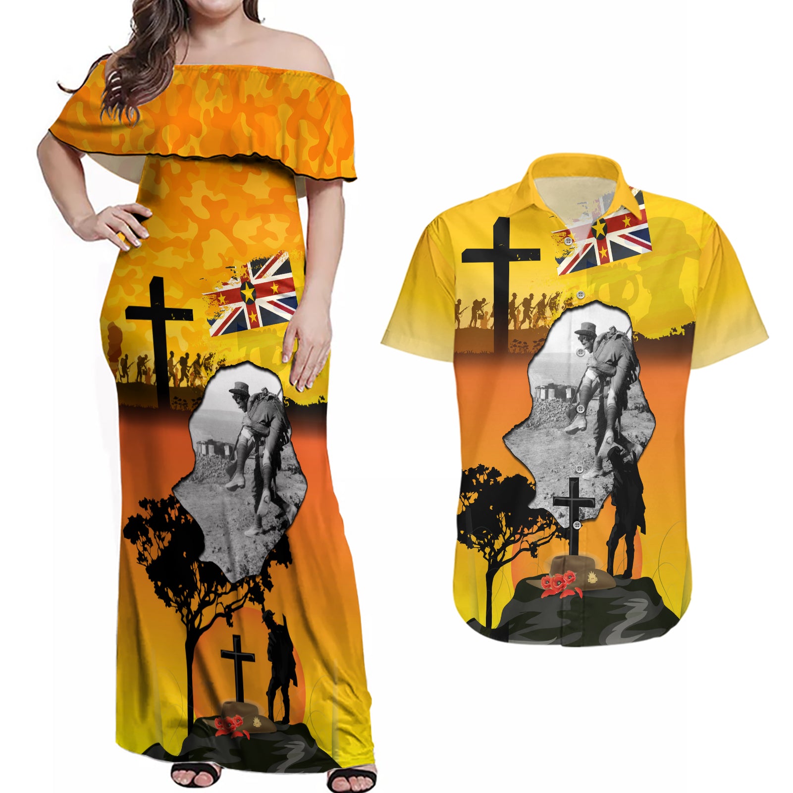 Niue ANZAC Day Couples Matching Off Shoulder Maxi Dress and Hawaiian Shirt Soldier and Gallipoli Lest We Forget LT03 Yellow - Polynesian Pride