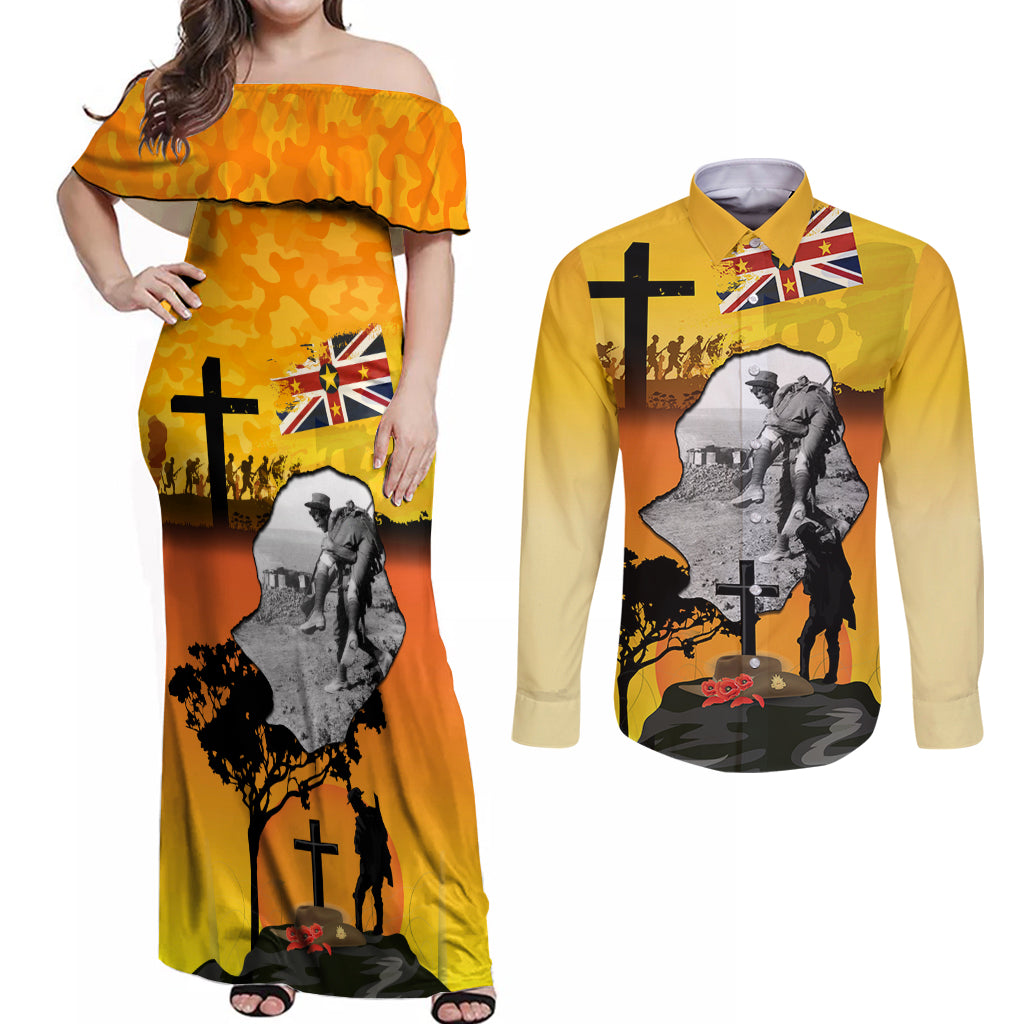 Niue ANZAC Day Couples Matching Off Shoulder Maxi Dress and Long Sleeve Button Shirt Soldier and Gallipoli Lest We Forget LT03 Yellow - Polynesian Pride