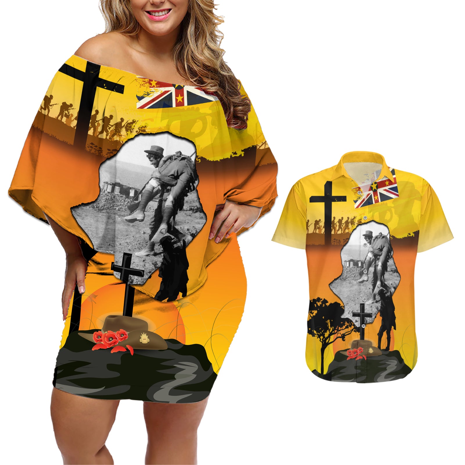 Niue ANZAC Day Couples Matching Off Shoulder Short Dress and Hawaiian Shirt Soldier and Gallipoli Lest We Forget LT03 Yellow - Polynesian Pride