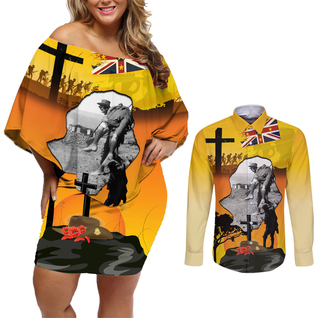 Niue ANZAC Day Couples Matching Off Shoulder Short Dress and Long Sleeve Button Shirt Soldier and Gallipoli Lest We Forget LT03 Yellow - Polynesian Pride
