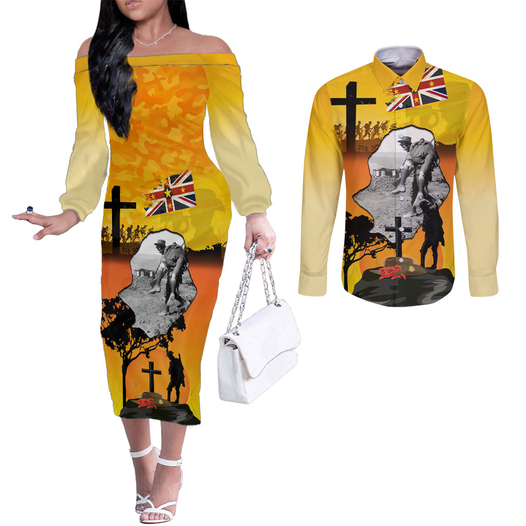 Niue ANZAC Day Couples Matching Off The Shoulder Long Sleeve Dress and Long Sleeve Button Shirt Soldier and Gallipoli Lest We Forget LT03 Yellow - Polynesian Pride