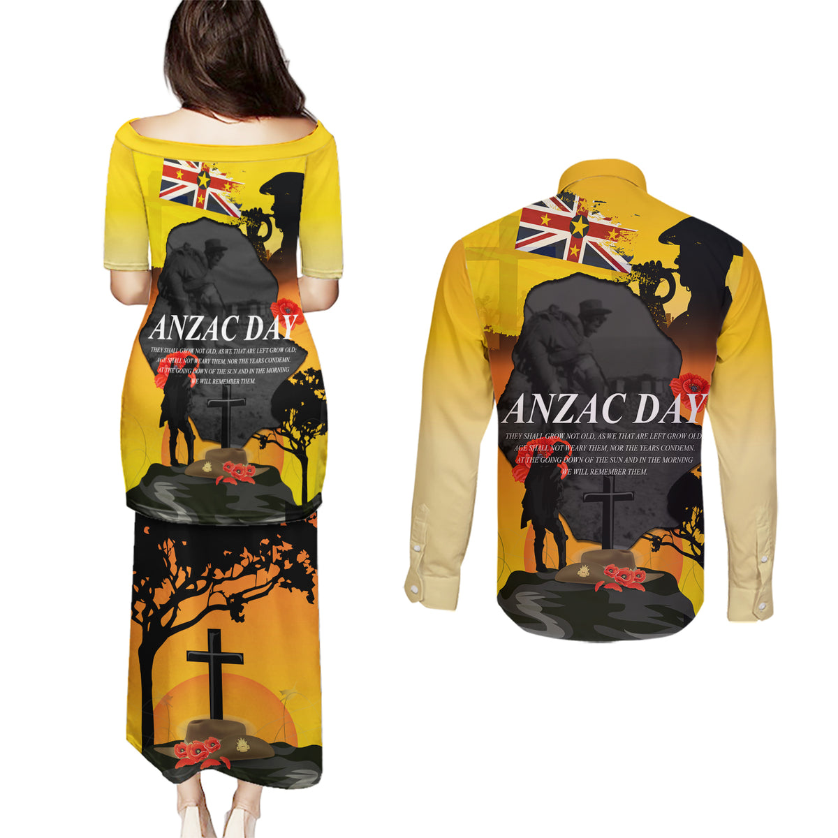 Niue ANZAC Day Couples Matching Puletasi and Long Sleeve Button Shirt Soldier and Gallipoli Lest We Forget LT03 - Polynesian Pride