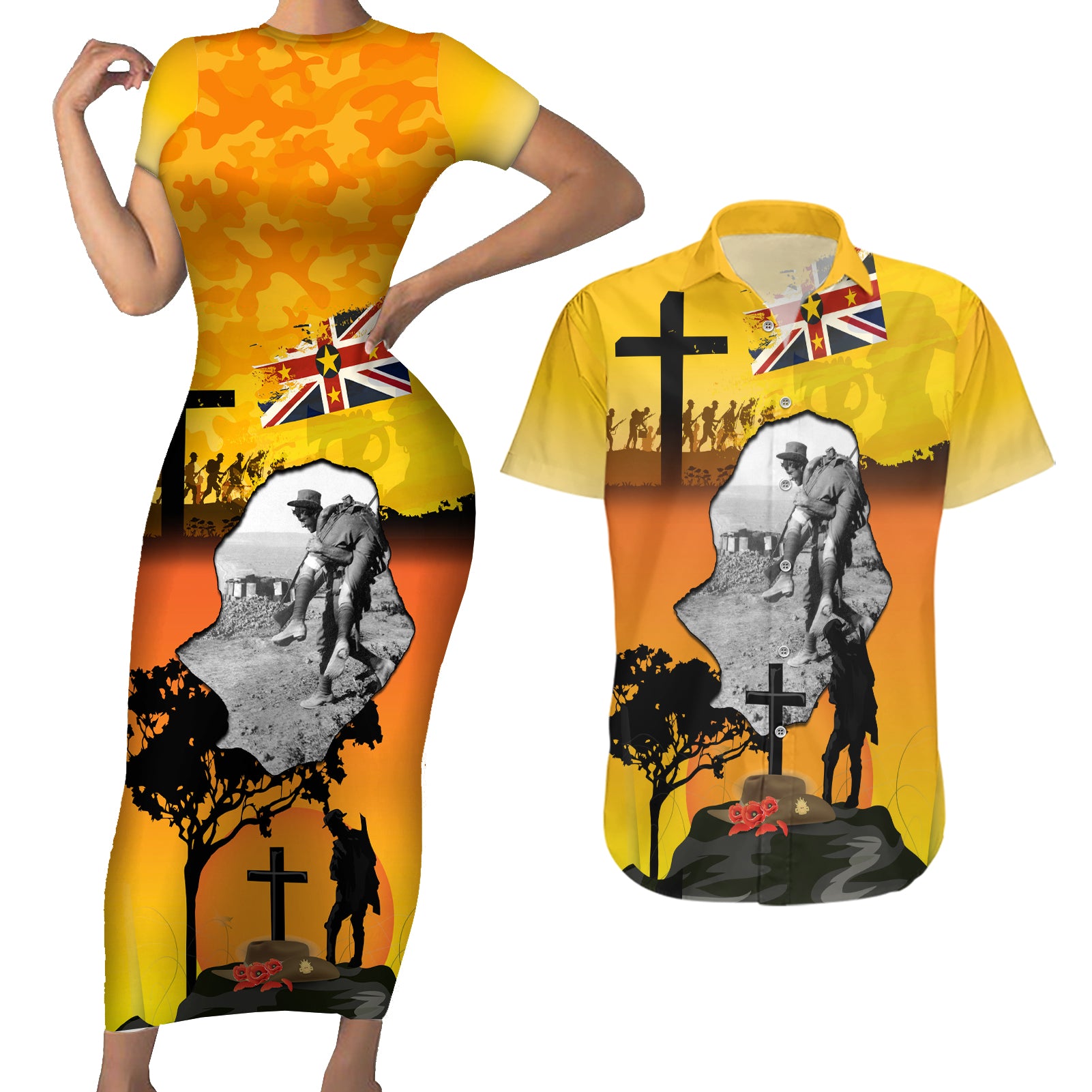 Niue ANZAC Day Couples Matching Short Sleeve Bodycon Dress and Hawaiian Shirt Soldier and Gallipoli Lest We Forget LT03 Yellow - Polynesian Pride