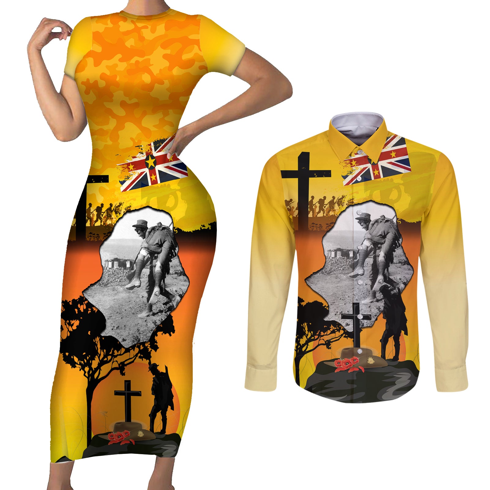 Niue ANZAC Day Couples Matching Short Sleeve Bodycon Dress and Long Sleeve Button Shirt Soldier and Gallipoli Lest We Forget LT03 Yellow - Polynesian Pride