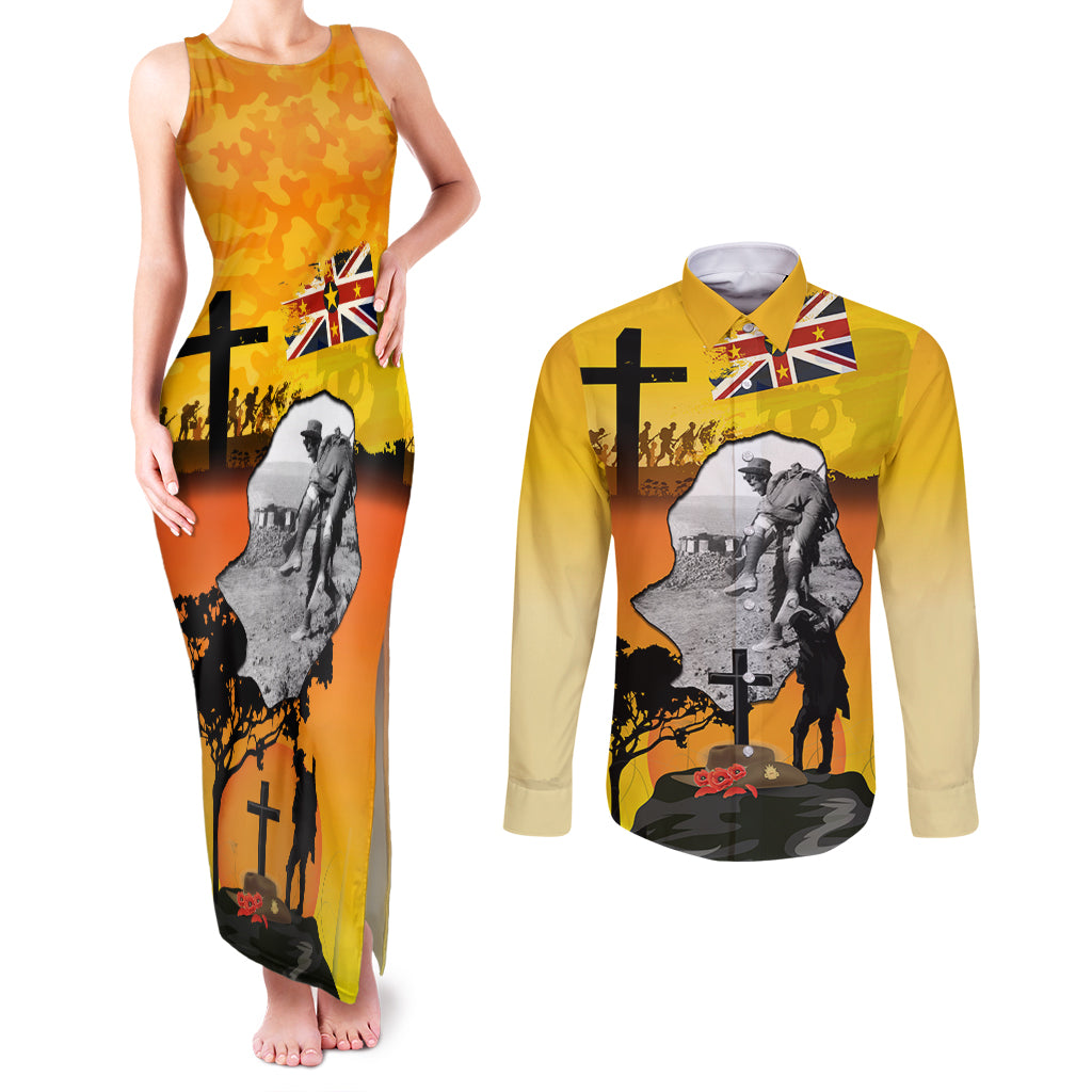 Niue ANZAC Day Couples Matching Tank Maxi Dress and Long Sleeve Button Shirt Soldier and Gallipoli Lest We Forget LT03 Yellow - Polynesian Pride