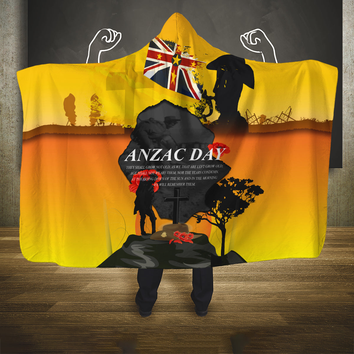 Niue ANZAC Day Hooded Blanket Soldier and Gallipoli Lest We Forget LT03 One Size Yellow - Polynesian Pride