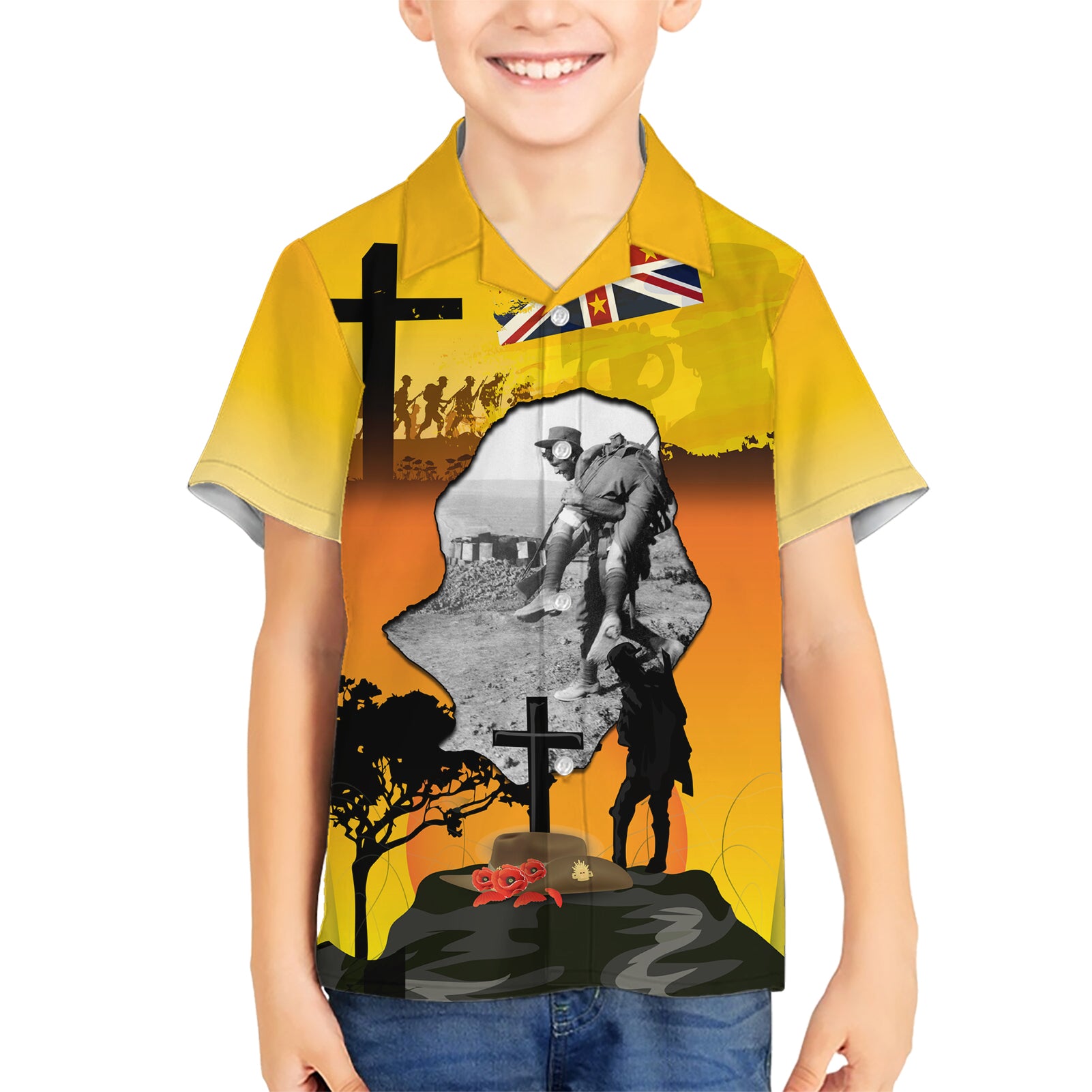 Niue ANZAC Day Kid Hawaiian Shirt Soldier and Gallipoli Lest We Forget LT03 Kid Yellow - Polynesian Pride