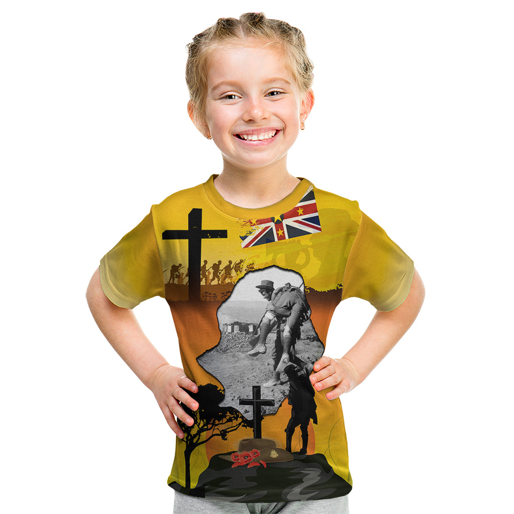 Niue ANZAC Day Kid T Shirt Soldier and Gallipoli Lest We Forget LT03 Yellow - Polynesian Pride