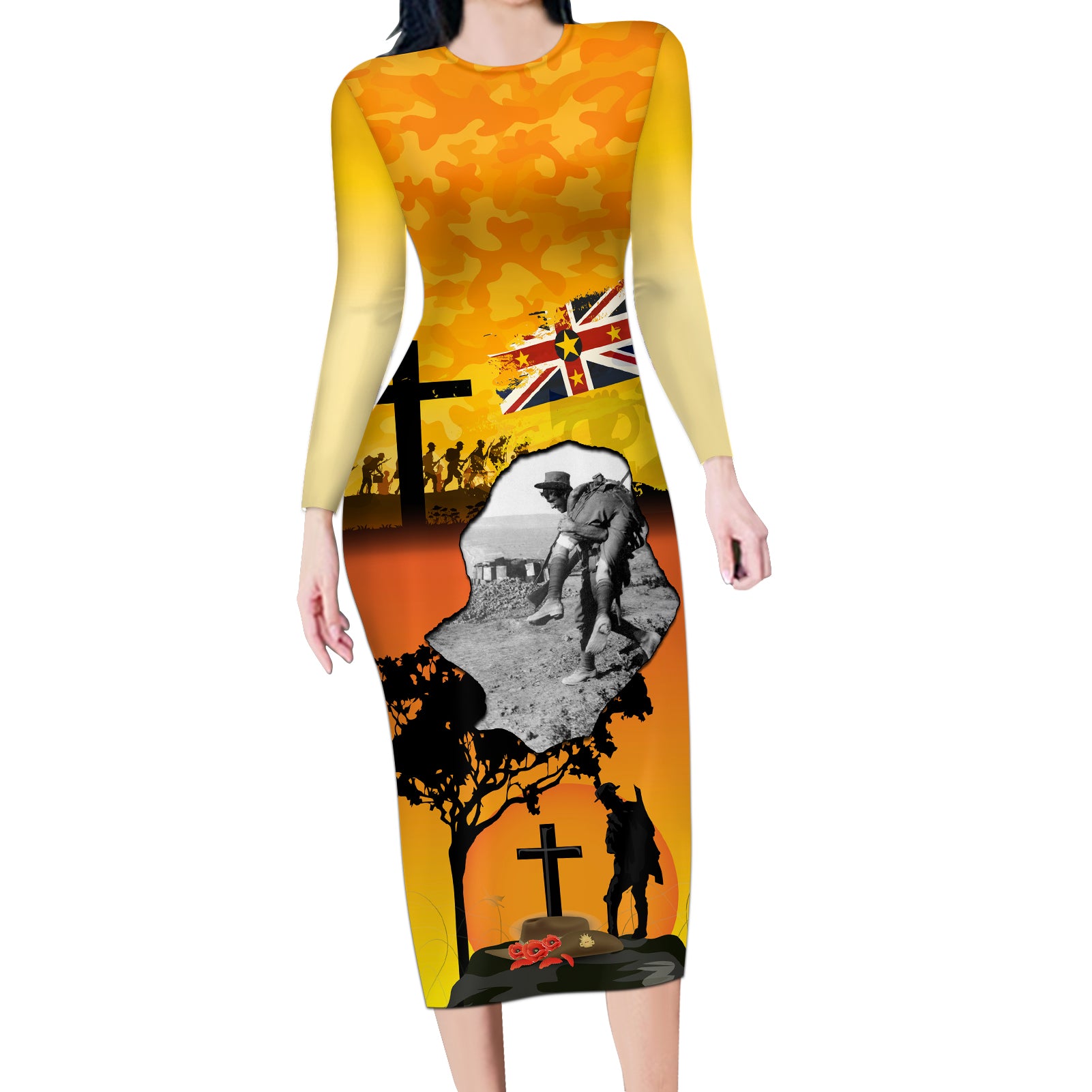 Niue ANZAC Day Long Sleeve Bodycon Dress Soldier and Gallipoli Lest We Forget LT03 Long Dress Yellow - Polynesian Pride