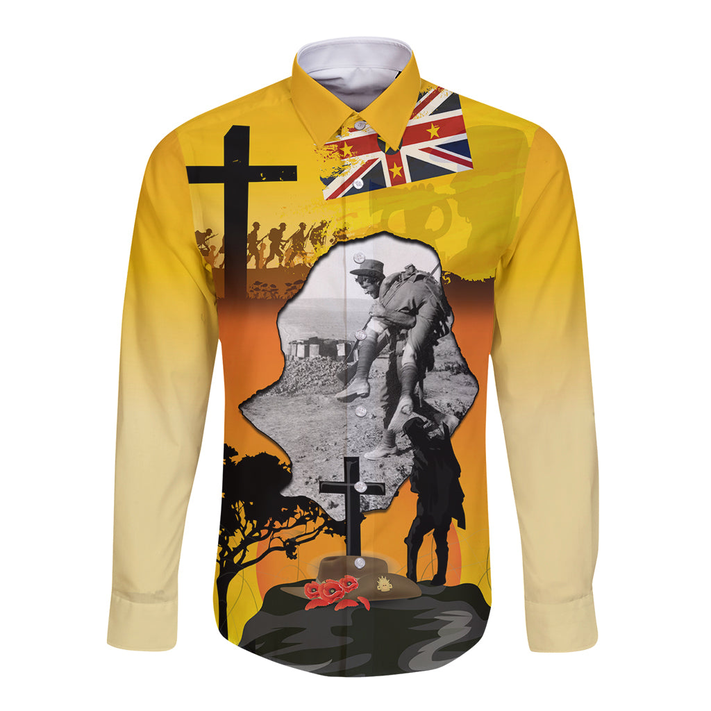 Niue ANZAC Day Long Sleeve Button Shirt Soldier and Gallipoli Lest We Forget LT03 Unisex Yellow - Polynesian Pride