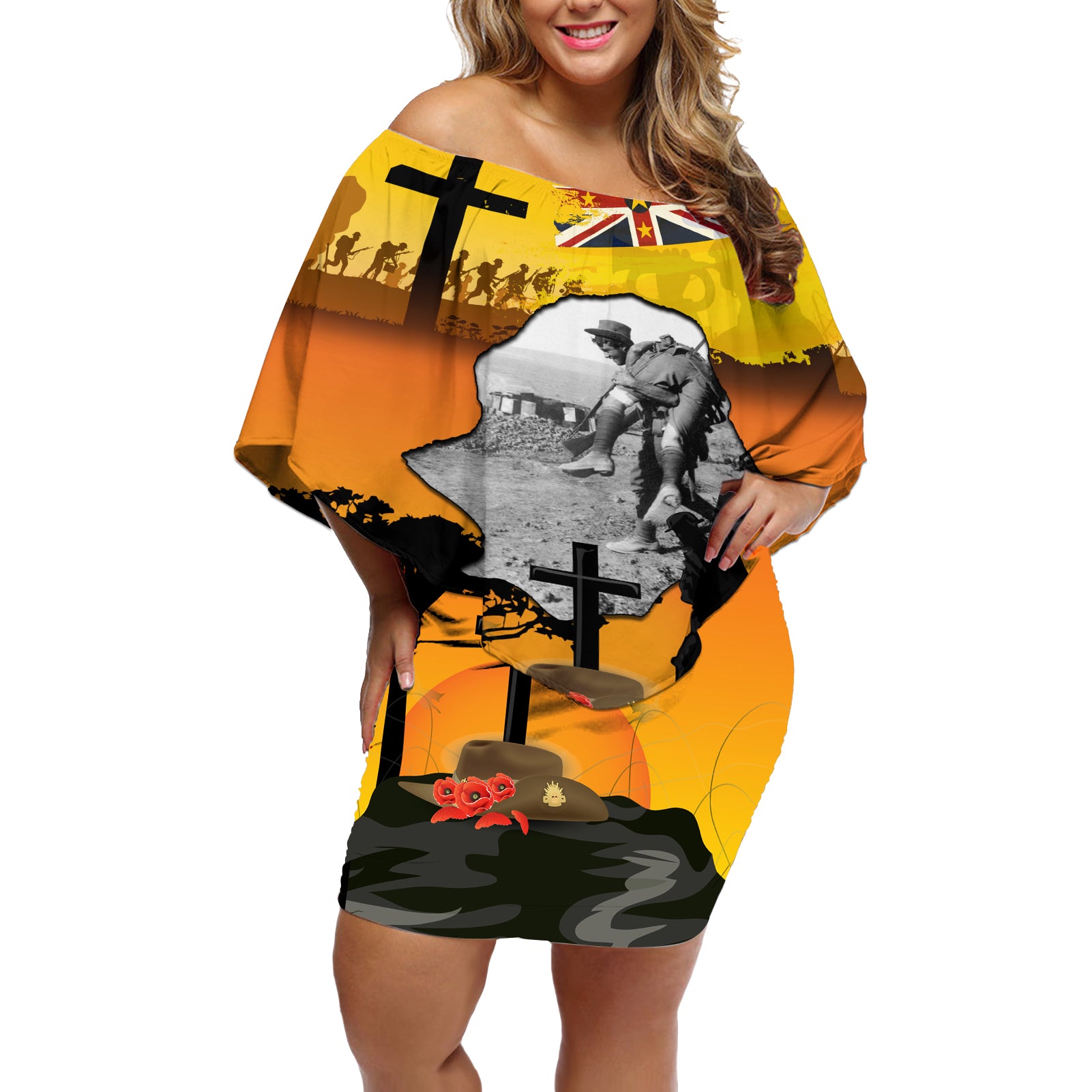Niue ANZAC Day Off Shoulder Short Dress Soldier and Gallipoli Lest We Forget LT03 Women Yellow - Polynesian Pride