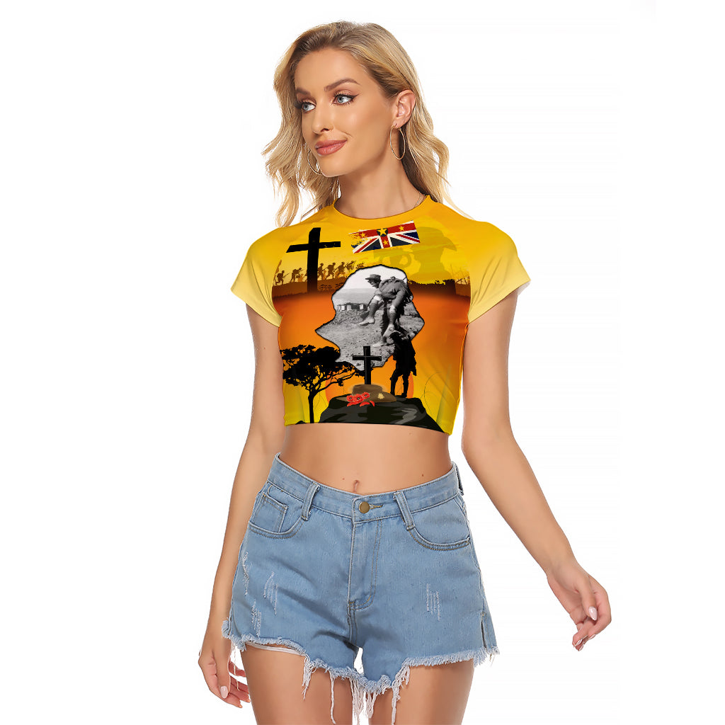 Niue ANZAC Day Raglan Cropped T Shirt Soldier and Gallipoli Lest We Forget LT03 Female Yellow - Polynesian Pride