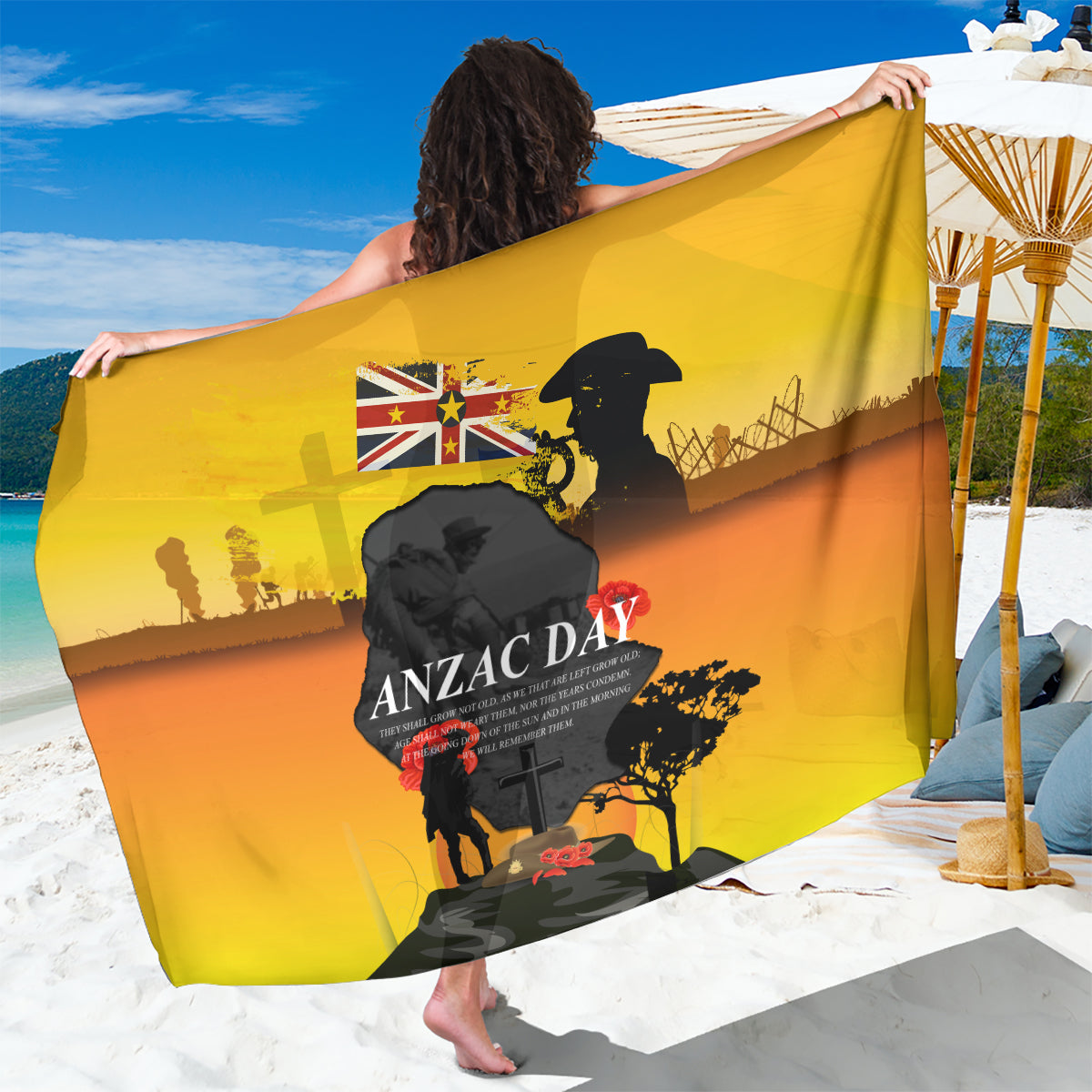 Niue ANZAC Day Sarong Soldier and Gallipoli Lest We Forget LT03 One Size 44 x 66 inches Yellow - Polynesian Pride