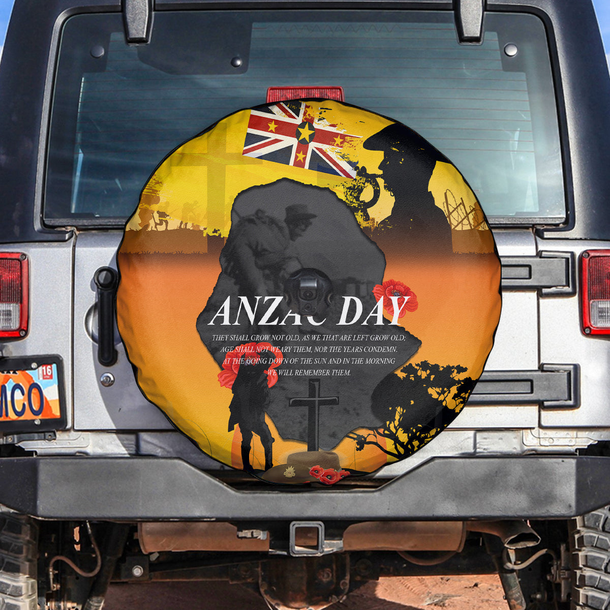 Niue ANZAC Day Spare Tire Cover Soldier and Gallipoli Lest We Forget LT03 Yellow - Polynesian Pride