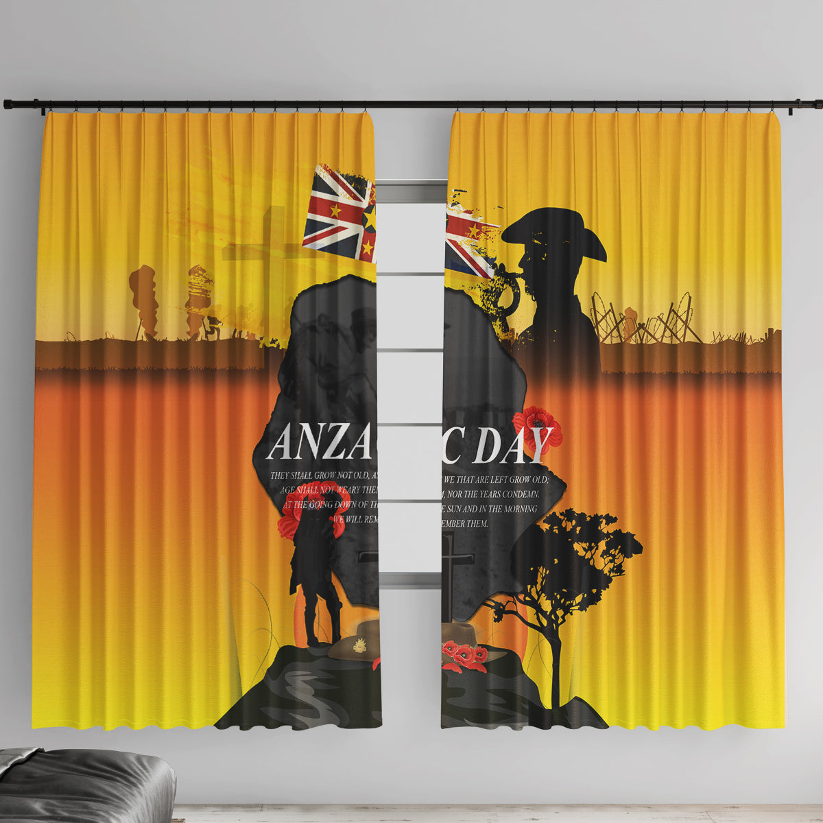 Niue ANZAC Day Window Curtain Soldier and Gallipoli Lest We Forget LT03 With Hooks Yellow - Polynesian Pride