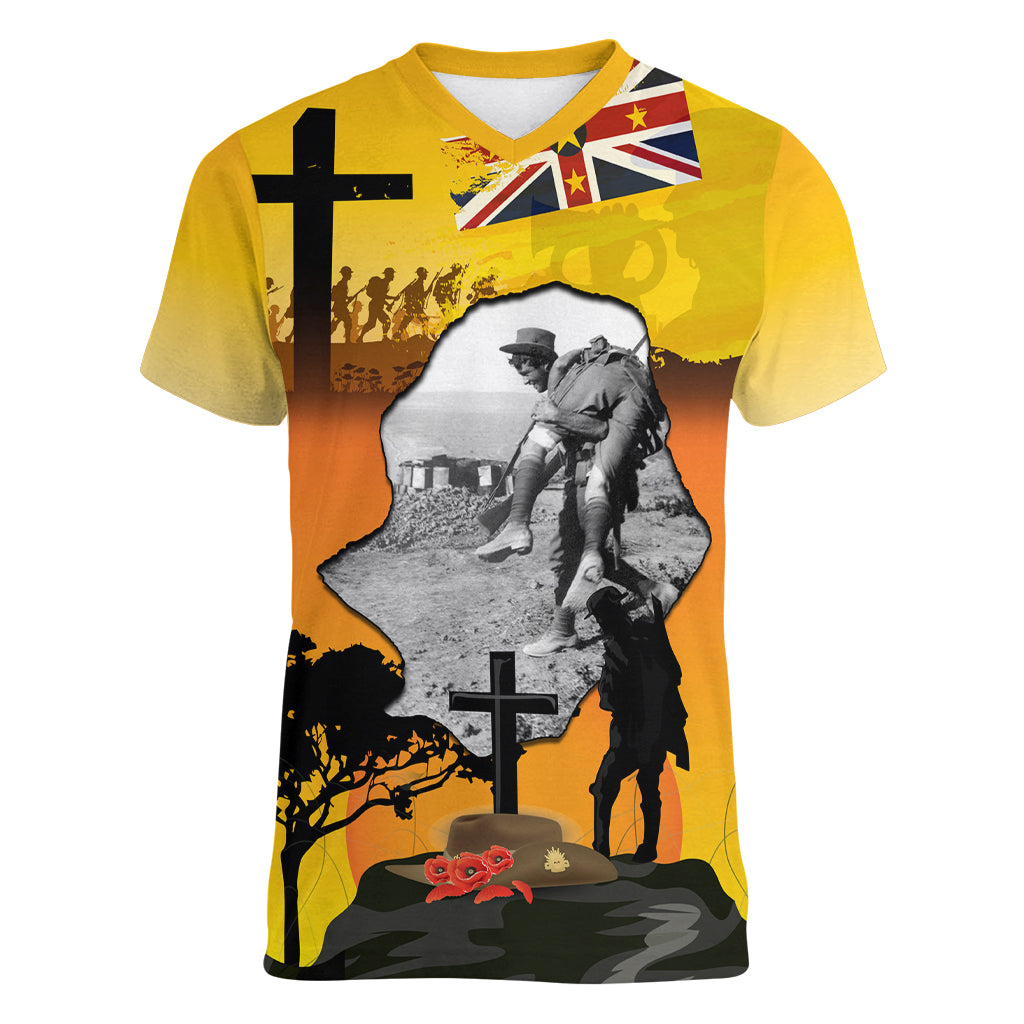Niue ANZAC Day Women V Neck T Shirt Soldier and Gallipoli Lest We Forget LT03 Female Yellow - Polynesian Pride