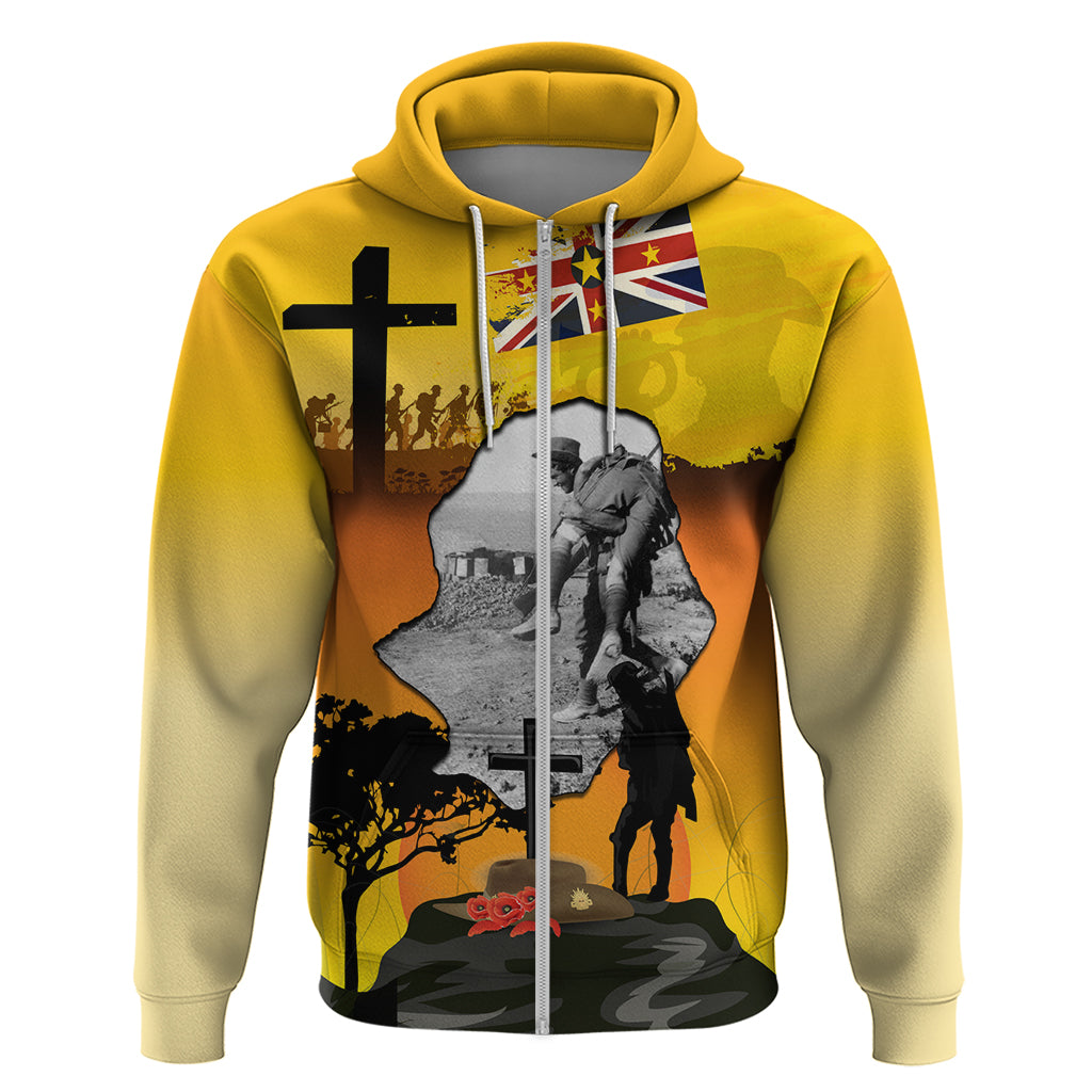 Niue ANZAC Day Zip Hoodie Soldier and Gallipoli Lest We Forget LT03 Zip Hoodie Yellow - Polynesian Pride