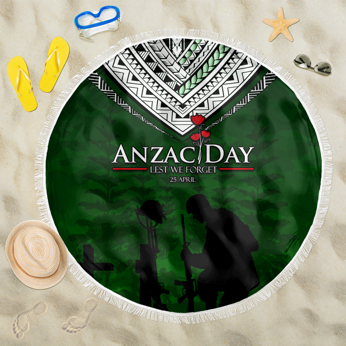 Norfolk Island ANZAC Day Beach Blanket Soldier Lest We Forget Camouflage LT03 One Size 150cm Green - Polynesian Pride