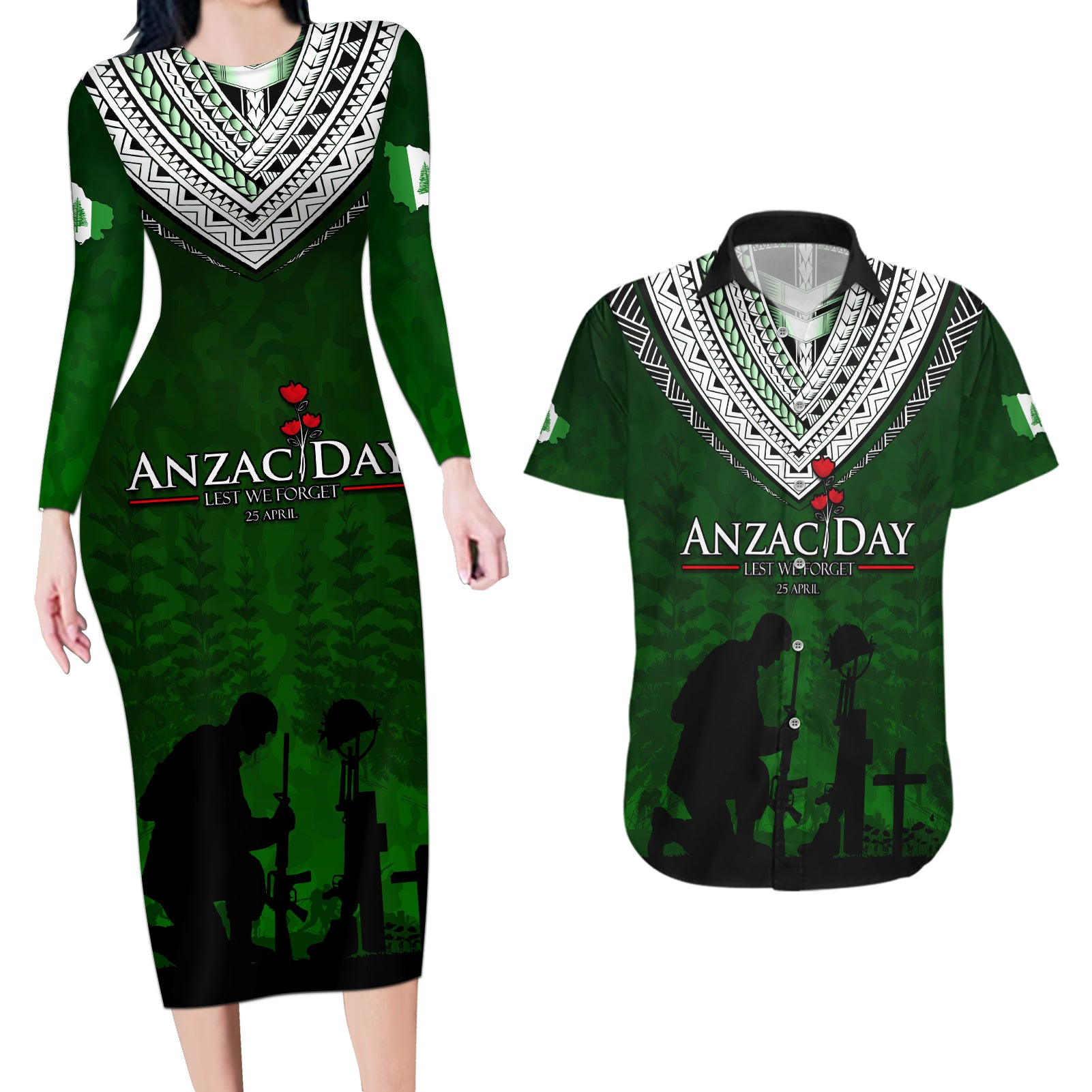 Norfolk Island ANZAC Day Couples Matching Long Sleeve Bodycon Dress and Hawaiian Shirt Soldier Lest We Forget Camouflage LT03 Green - Polynesian Pride