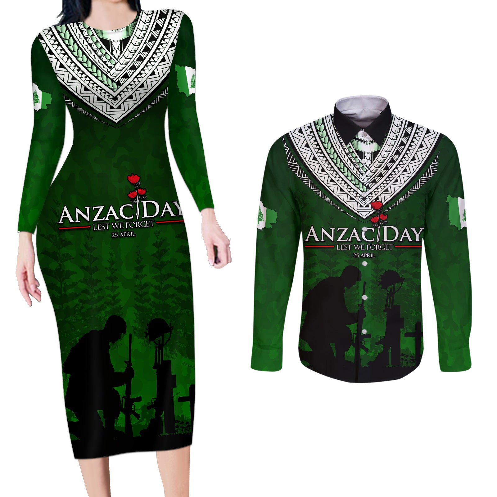 Norfolk Island ANZAC Day Couples Matching Long Sleeve Bodycon Dress and Long Sleeve Button Shirt Soldier Lest We Forget Camouflage LT03 Green - Polynesian Pride