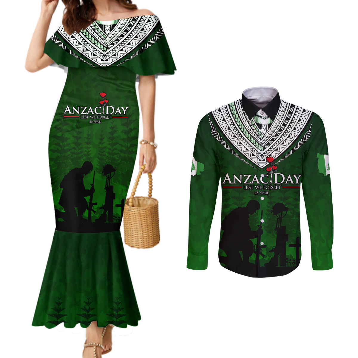 Norfolk Island ANZAC Day Couples Matching Mermaid Dress and Long Sleeve Button Shirt Soldier Lest We Forget Camouflage LT03 Green - Polynesian Pride