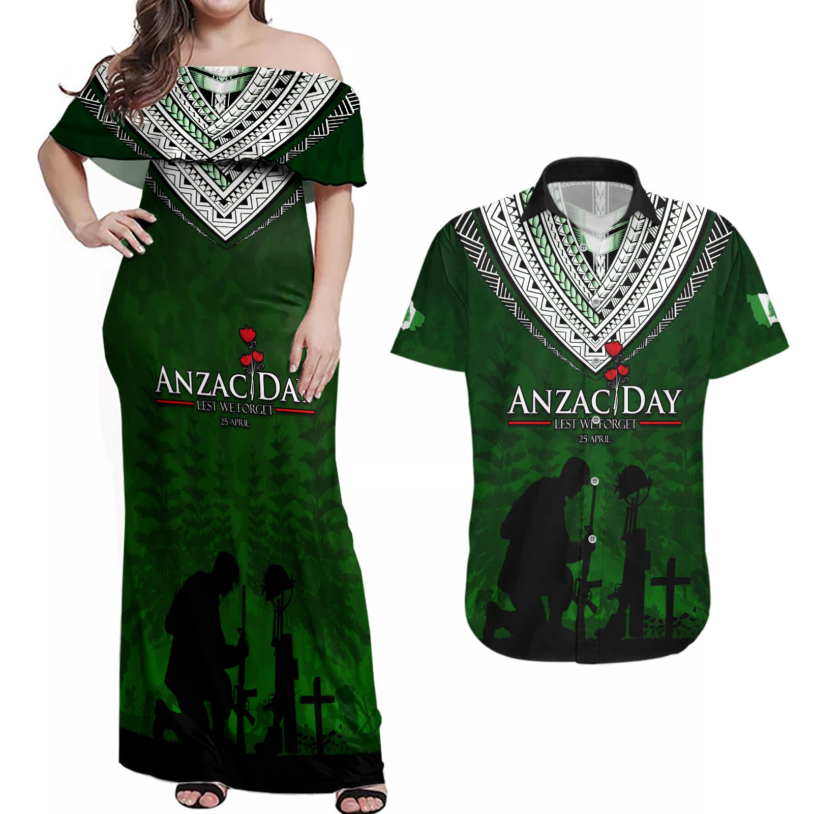 Norfolk Island ANZAC Day Couples Matching Off Shoulder Maxi Dress and Hawaiian Shirt Soldier Lest We Forget Camouflage LT03 Green - Polynesian Pride