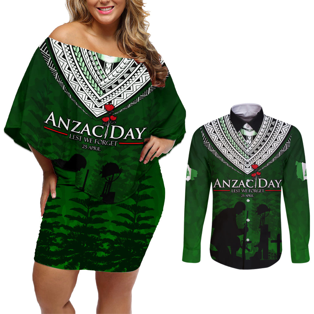 Norfolk Island ANZAC Day Couples Matching Off Shoulder Short Dress and Long Sleeve Button Shirt Soldier Lest We Forget Camouflage LT03 Green - Polynesian Pride