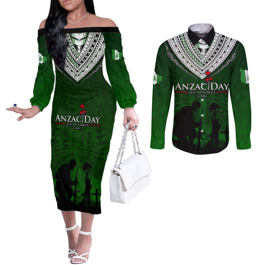 Norfolk Island ANZAC Day Couples Matching Off The Shoulder Long Sleeve Dress and Long Sleeve Button Shirt Soldier Lest We Forget Camouflage LT03 Green - Polynesian Pride