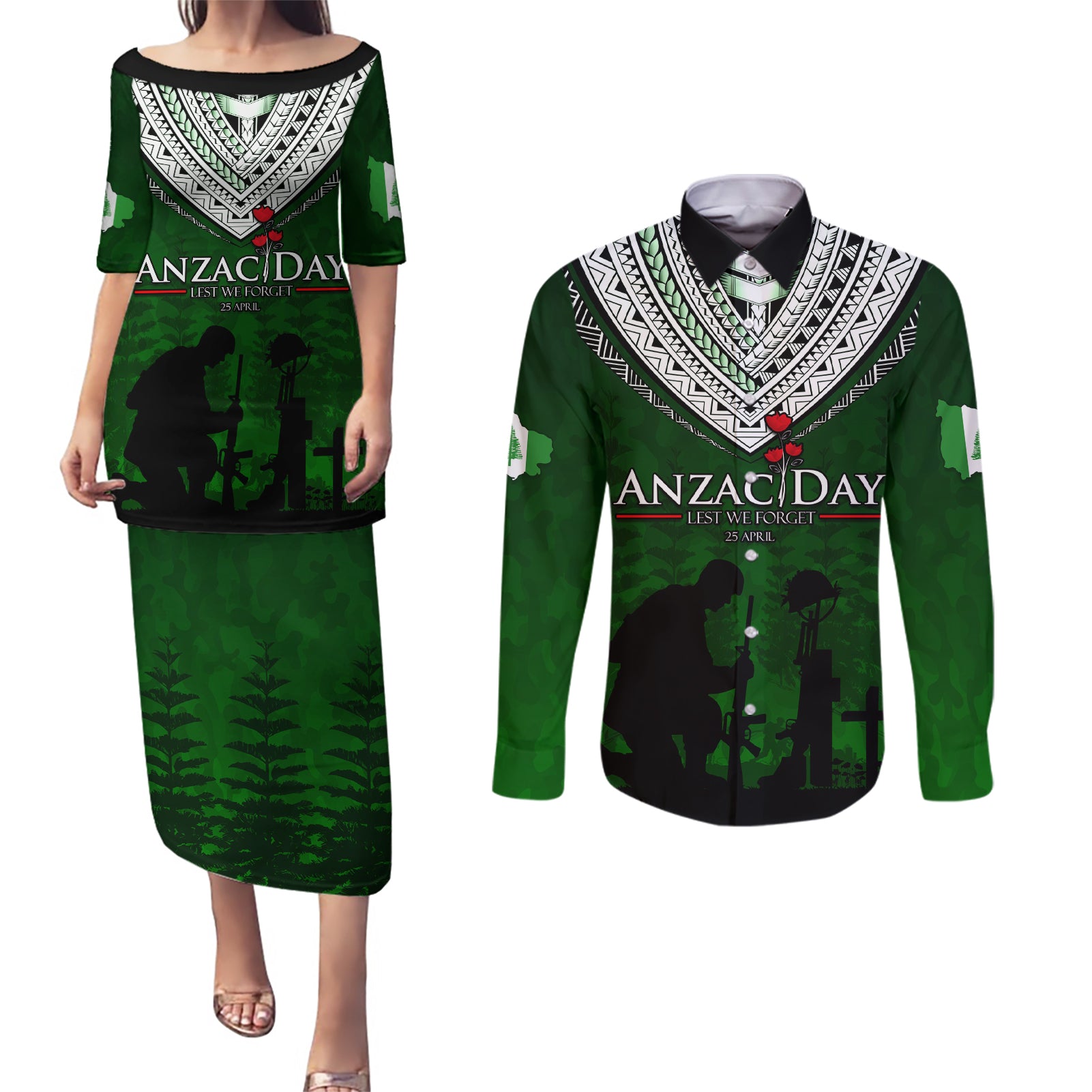 Norfolk Island ANZAC Day Couples Matching Puletasi and Long Sleeve Button Shirt Soldier Lest We Forget Camouflage LT03 Green - Polynesian Pride