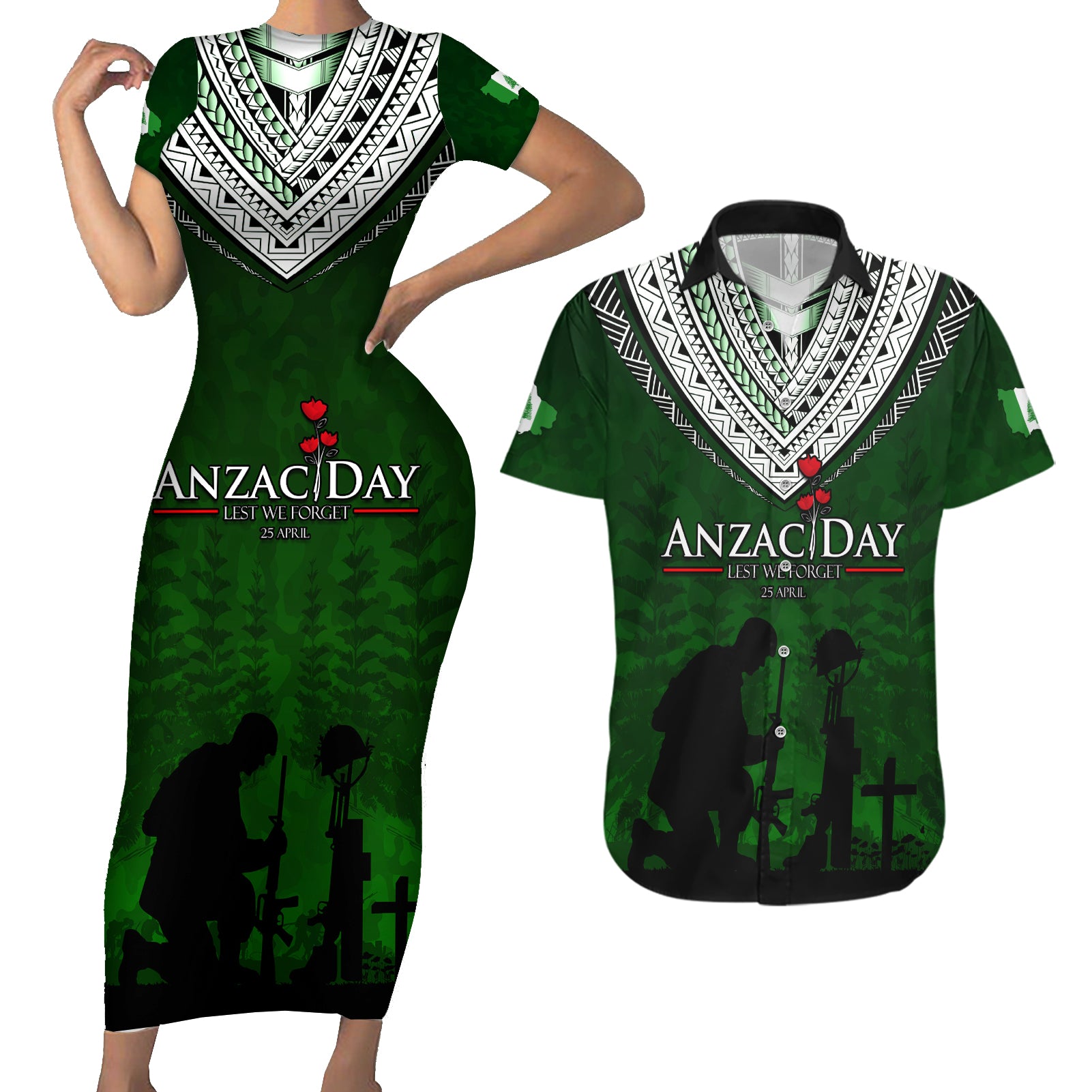 Norfolk Island ANZAC Day Couples Matching Short Sleeve Bodycon Dress and Hawaiian Shirt Soldier Lest We Forget Camouflage LT03 Green - Polynesian Pride