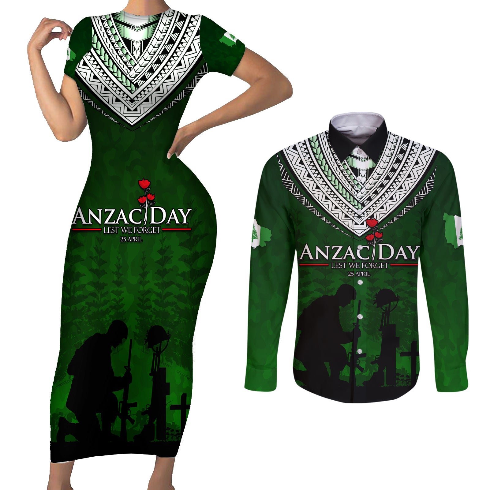 Norfolk Island ANZAC Day Couples Matching Short Sleeve Bodycon Dress and Long Sleeve Button Shirt Soldier Lest We Forget Camouflage LT03 Green - Polynesian Pride