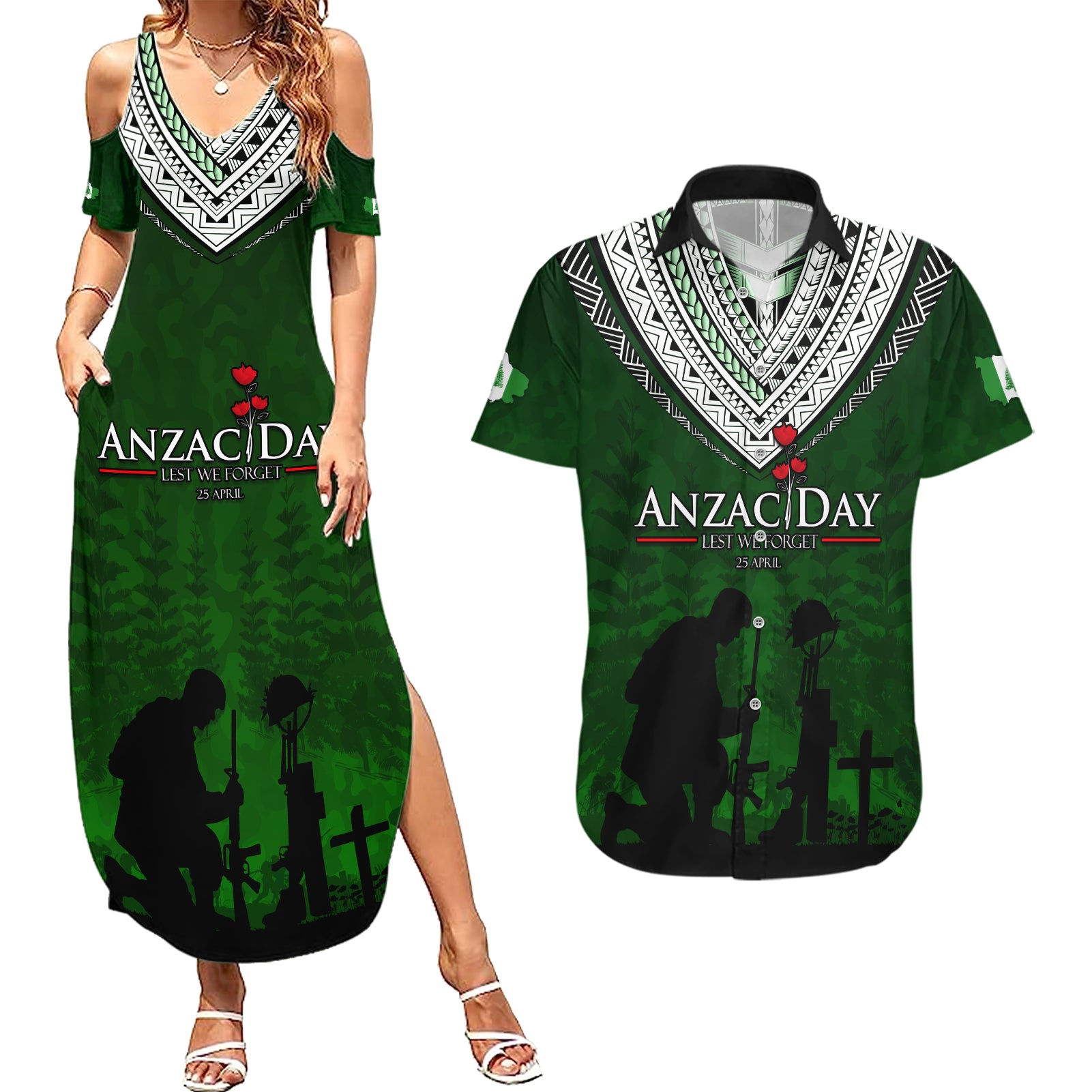 Norfolk Island ANZAC Day Couples Matching Summer Maxi Dress and Hawaiian Shirt Soldier Lest We Forget Camouflage LT03 Green - Polynesian Pride