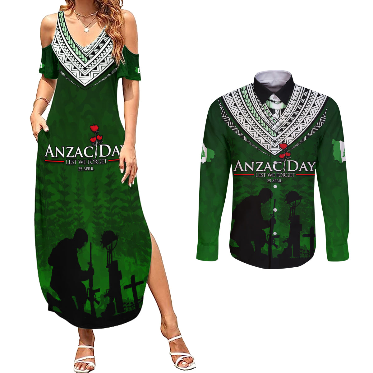 Norfolk Island ANZAC Day Couples Matching Summer Maxi Dress and Long Sleeve Button Shirt Soldier Lest We Forget Camouflage LT03 Green - Polynesian Pride